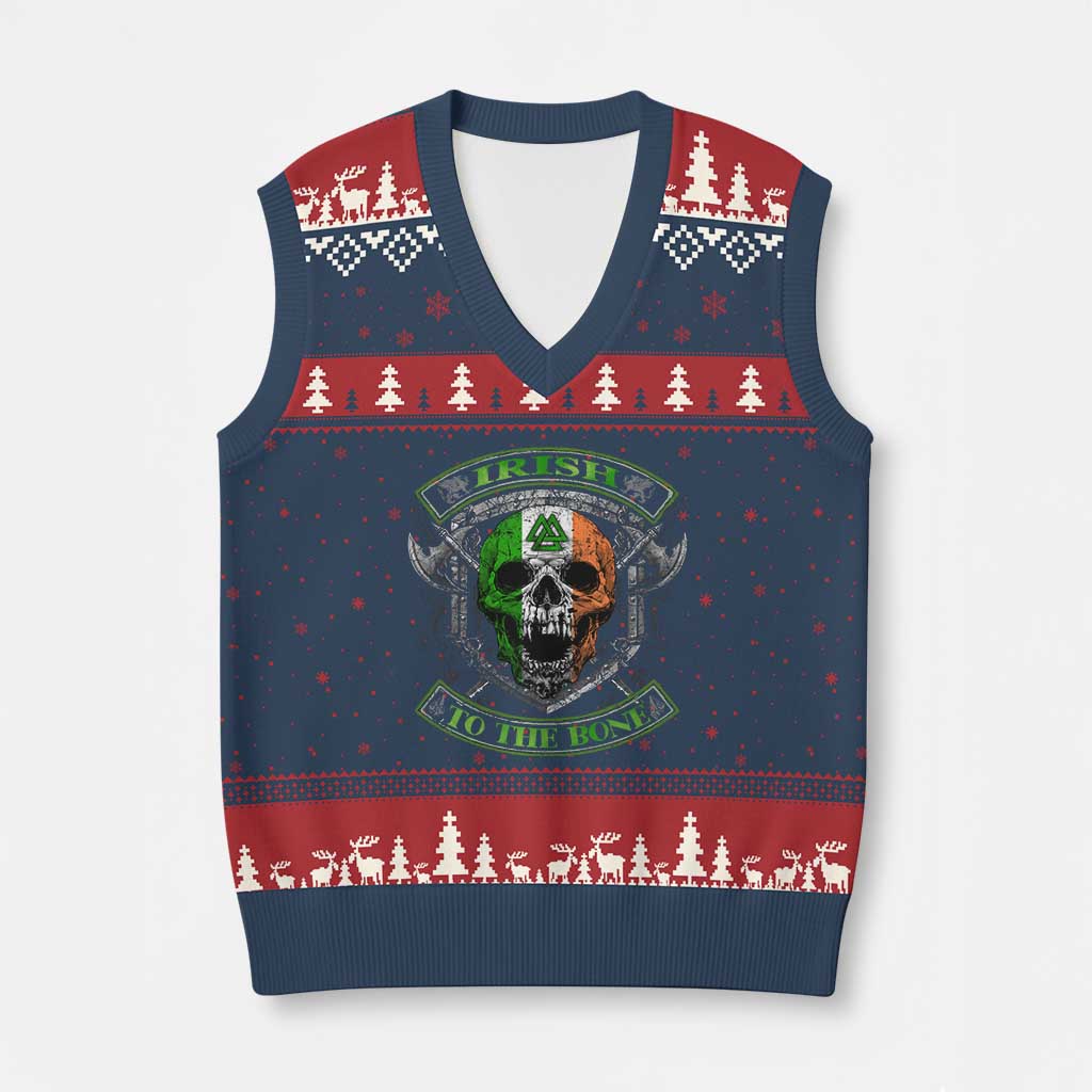 Irish Viking V-Neck Knit Sweater Vest Irish To The Bone Vintage Ireland Flag Skull - Wonder Print Shop