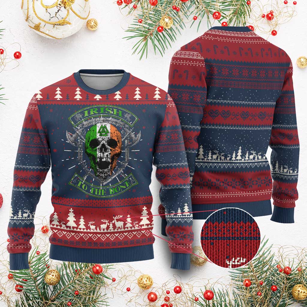 Irish Viking Knitted Sweatshirt Irish To The Bone Vintage Ireland Flag Skull - Wonder Print Shop