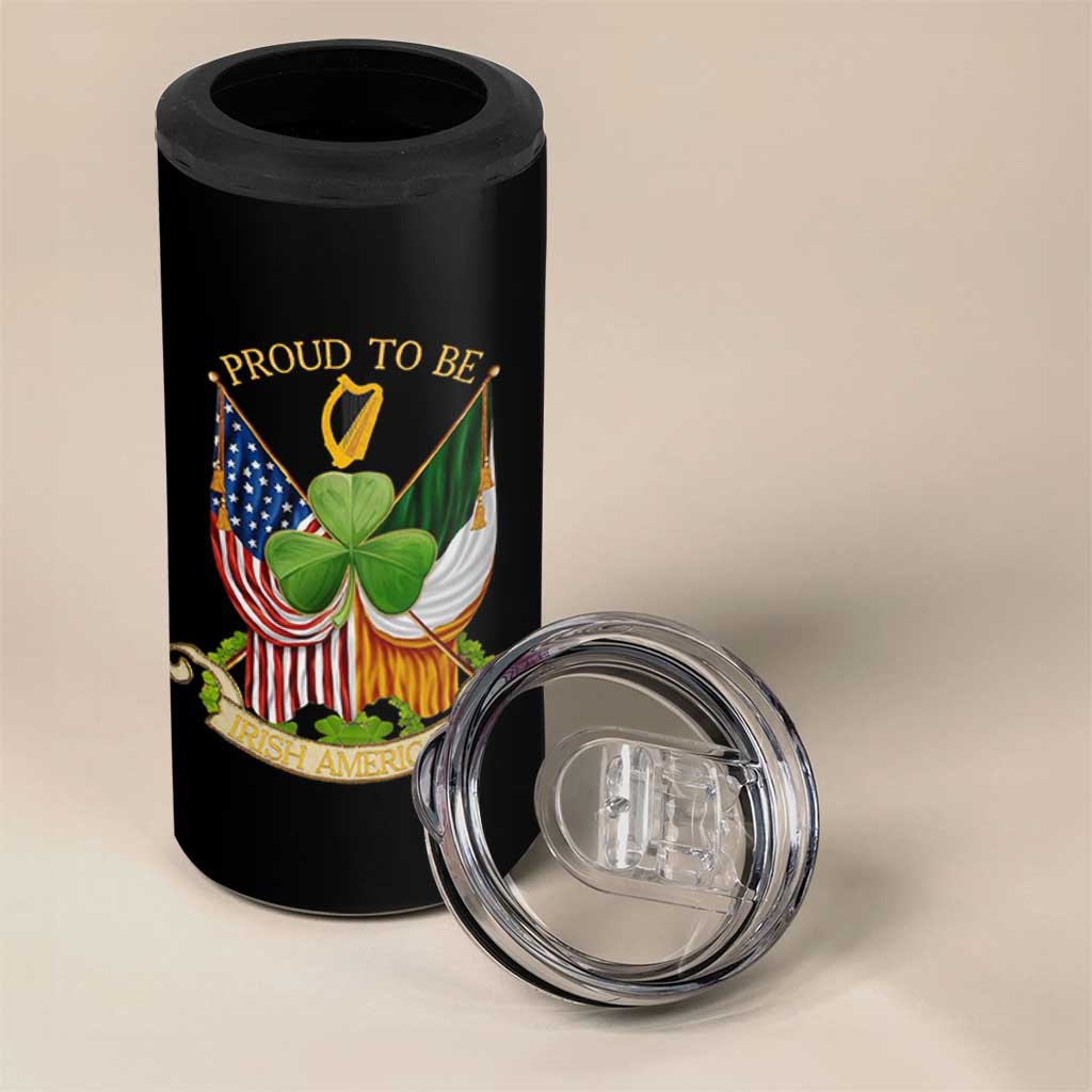 Proud To Be Irish American 4 in 1 Can Cooler Tumbler Vintage Ireland USA Flag Shamrock Harp