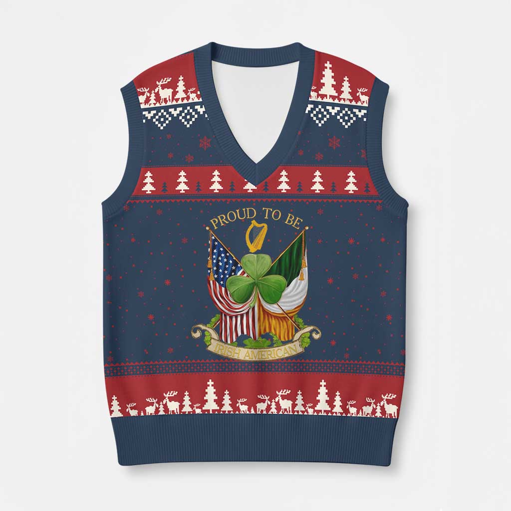 Proud To Be Irish American V-Neck Knit Sweater Vest Vintage Ireland USA Flag Shamrock Harp - Wonder Print Shop