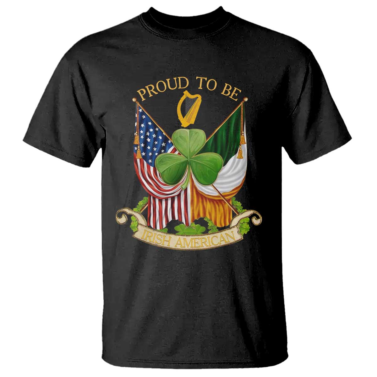 Proud To Be Irish American T Shirt Vintage Ireland USA Flag Shamrock Harp