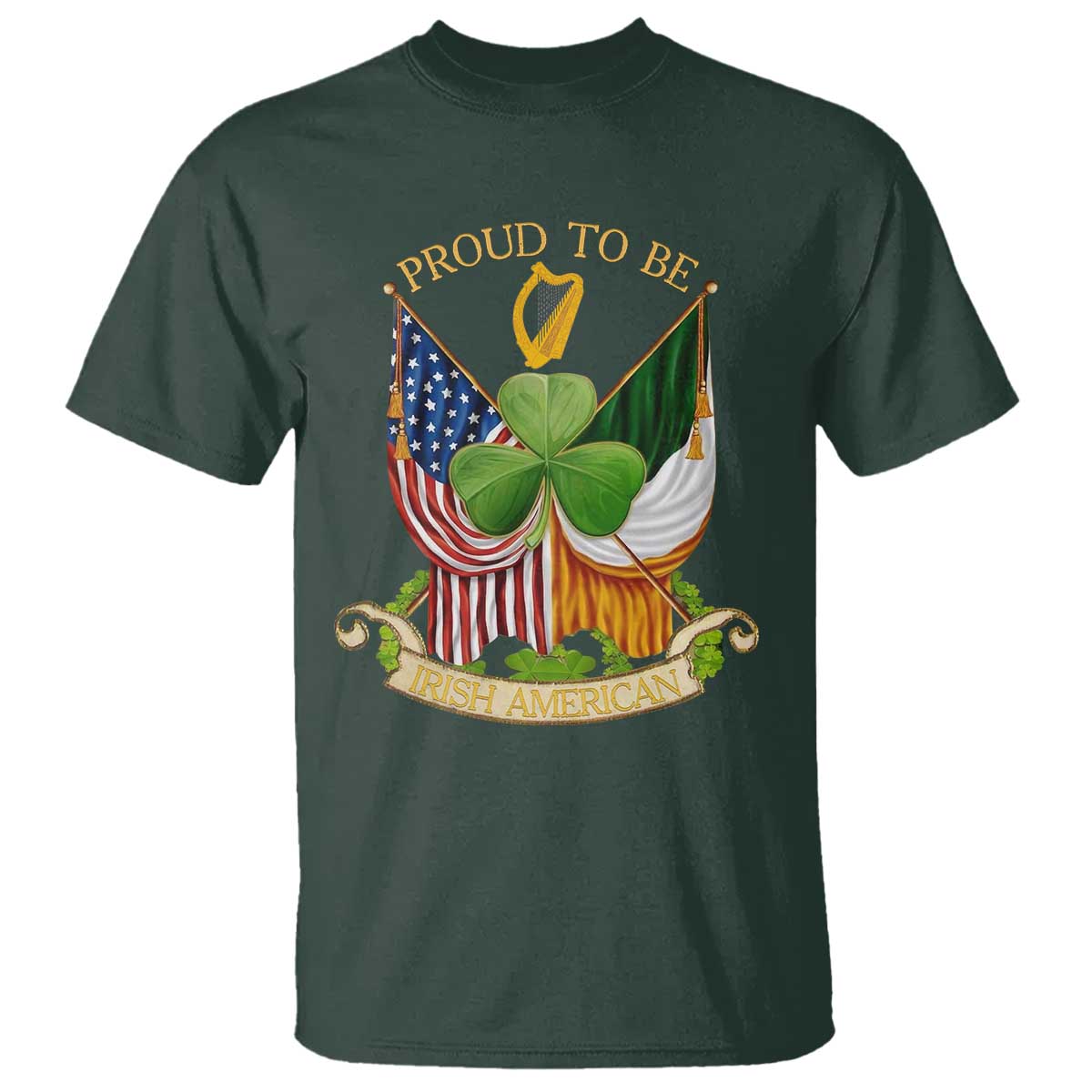 Proud To Be Irish American T Shirt Vintage Ireland USA Flag Shamrock Harp