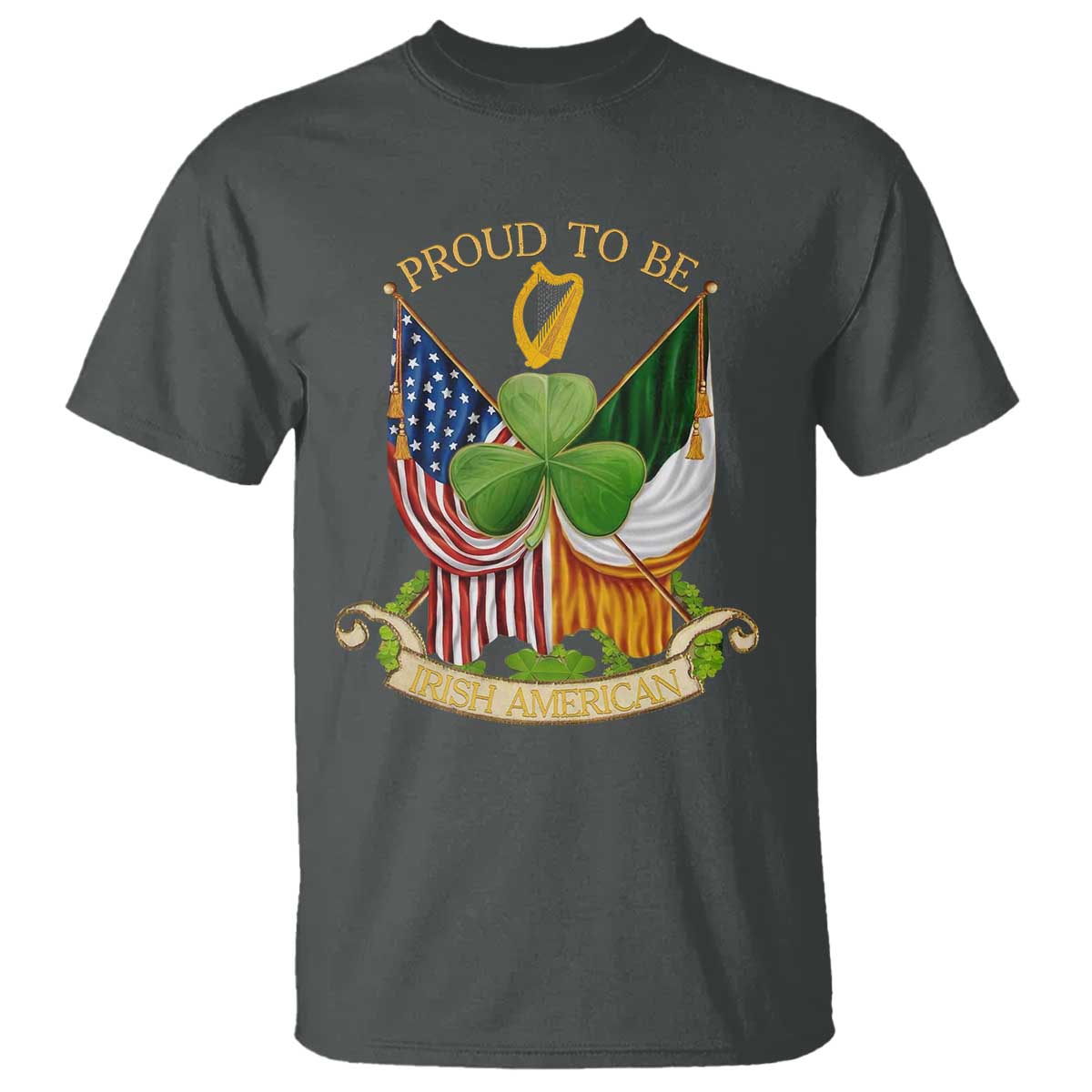 Proud To Be Irish American T Shirt Vintage Ireland USA Flag Shamrock Harp