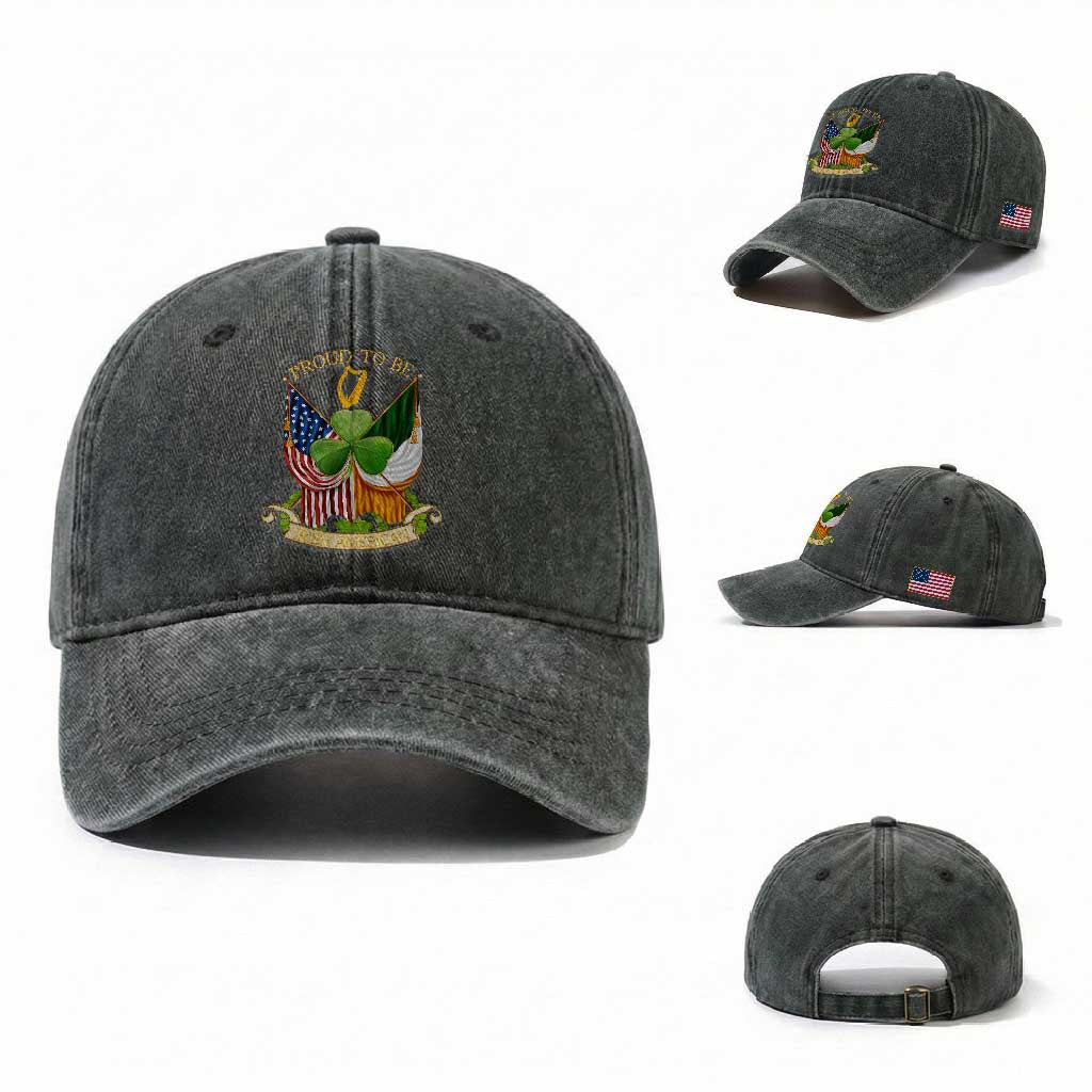 Proud To Be Irish American Washed Cotton Baseball Cap Vintage Ireland USA Flag Shamrock Harp