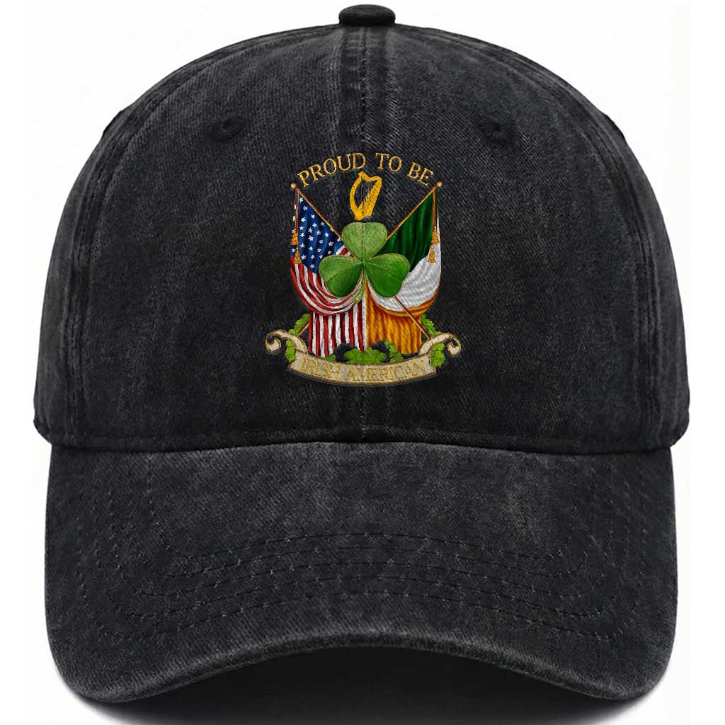 Proud To Be Irish American Washed Cotton Baseball Cap Vintage Ireland USA Flag Shamrock Harp