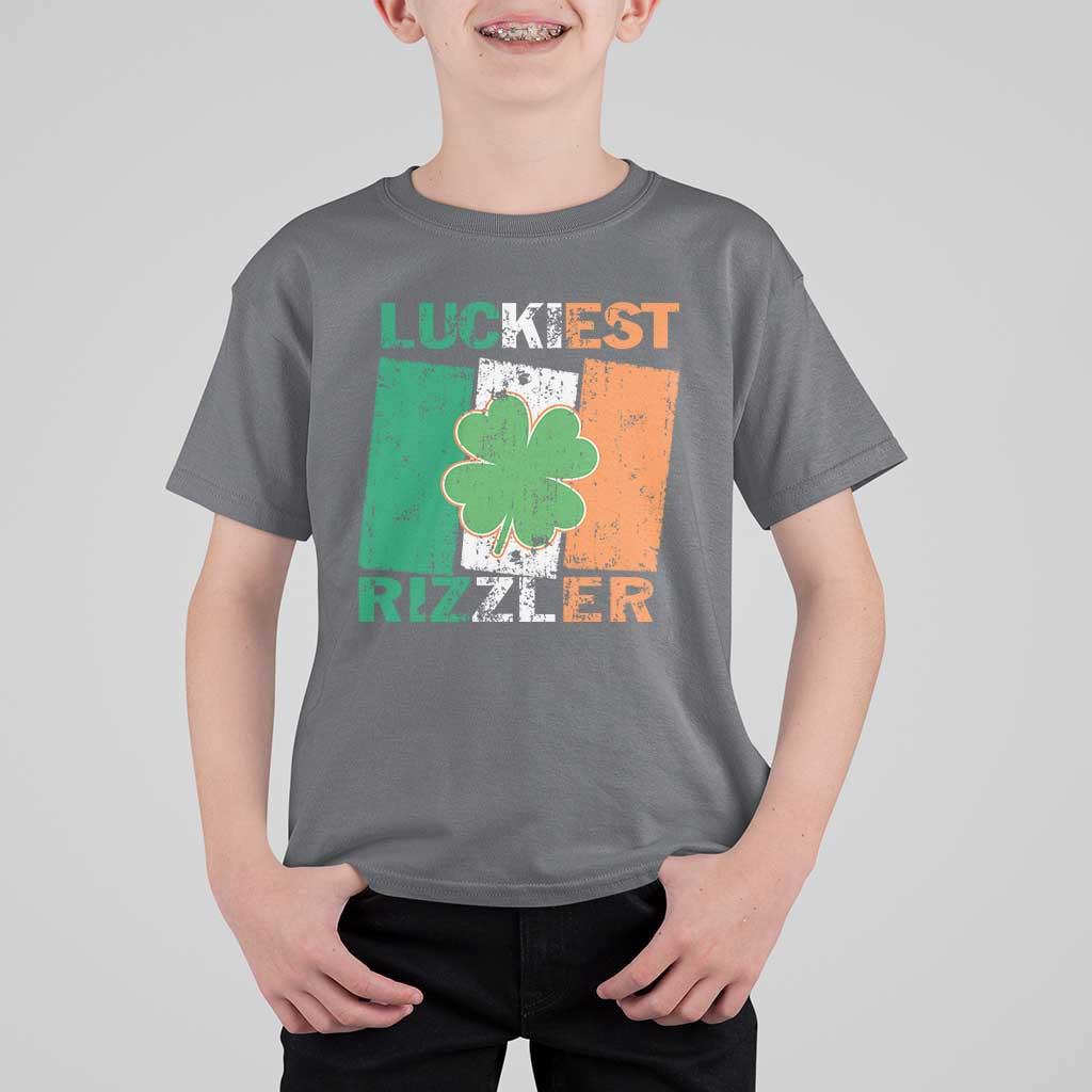 Funny St Patrick's Day Luckiest Rizzler T Shirt For Kid Vintage Ireland Flag Shamrock