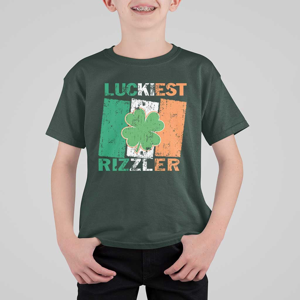 Funny St Patrick's Day Luckiest Rizzler T Shirt For Kid Vintage Ireland Flag Shamrock