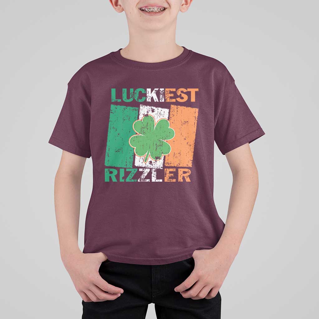 Funny St Patrick's Day Luckiest Rizzler T Shirt For Kid Vintage Ireland Flag Shamrock