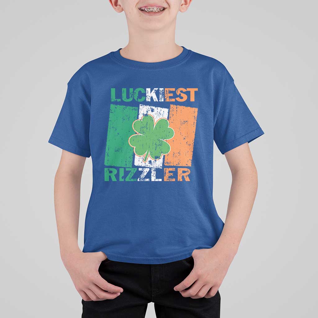 Funny St Patrick's Day Luckiest Rizzler T Shirt For Kid Vintage Ireland Flag Shamrock