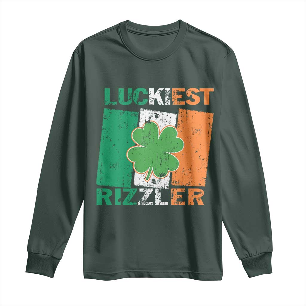 Funny St Patrick's Day Luckiest Rizzler Long Sleeve Shirt Vintage Ireland Flag Shamrock