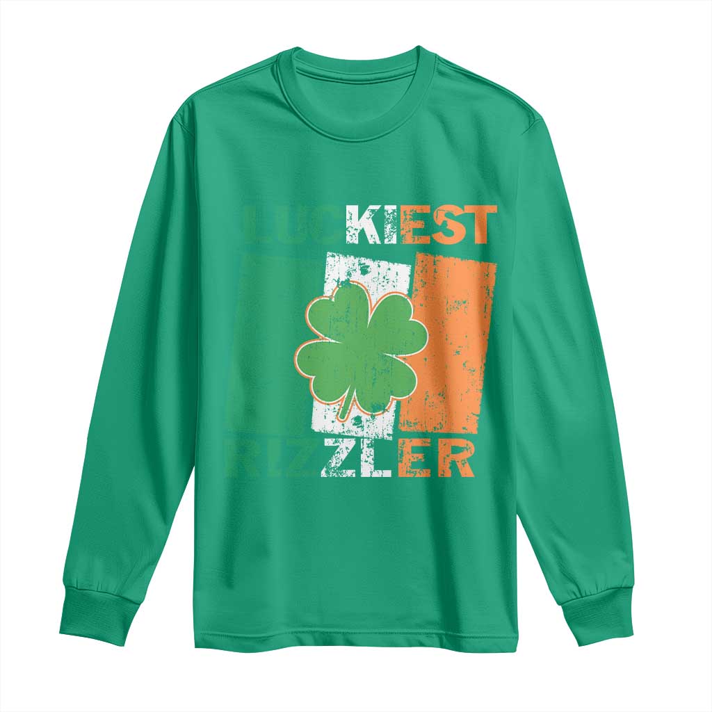 Funny St Patrick's Day Luckiest Rizzler Long Sleeve Shirt Vintage Ireland Flag Shamrock