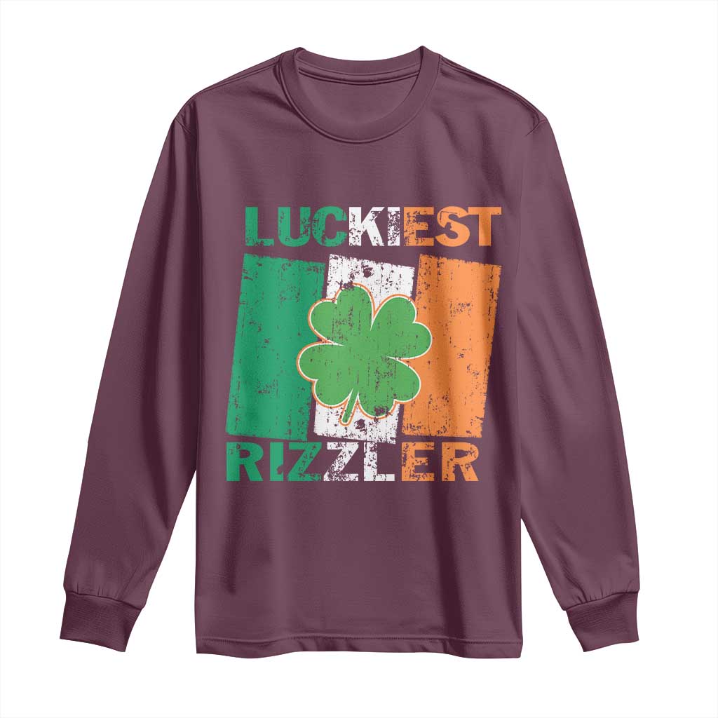 Funny St Patrick's Day Luckiest Rizzler Long Sleeve Shirt Vintage Ireland Flag Shamrock