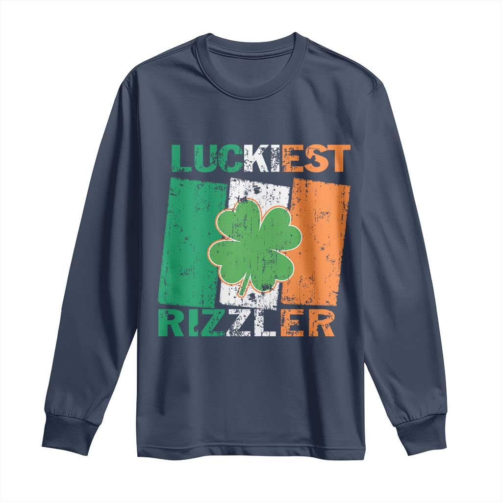 Funny St Patrick's Day Luckiest Rizzler Long Sleeve Shirt Vintage Ireland Flag Shamrock