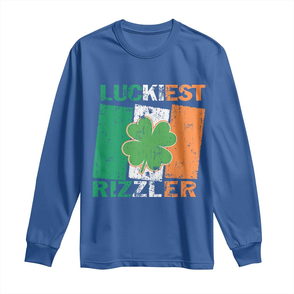 Funny St Patrick's Day Luckiest Rizzler Long Sleeve Shirt Vintage Ireland Flag Shamrock