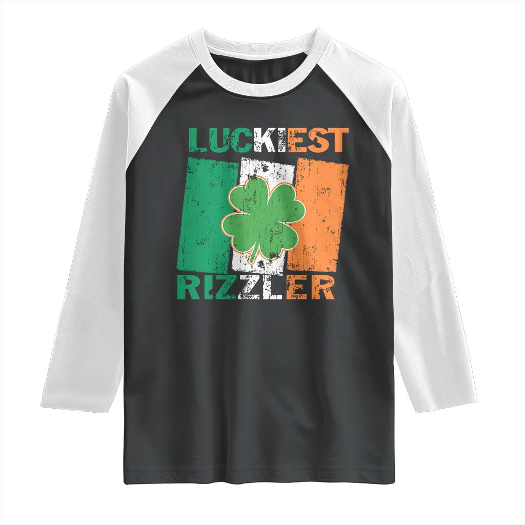 Funny St Patrick's Day Luckiest Rizzler Raglan Shirt Vintage Ireland Flag Shamrock