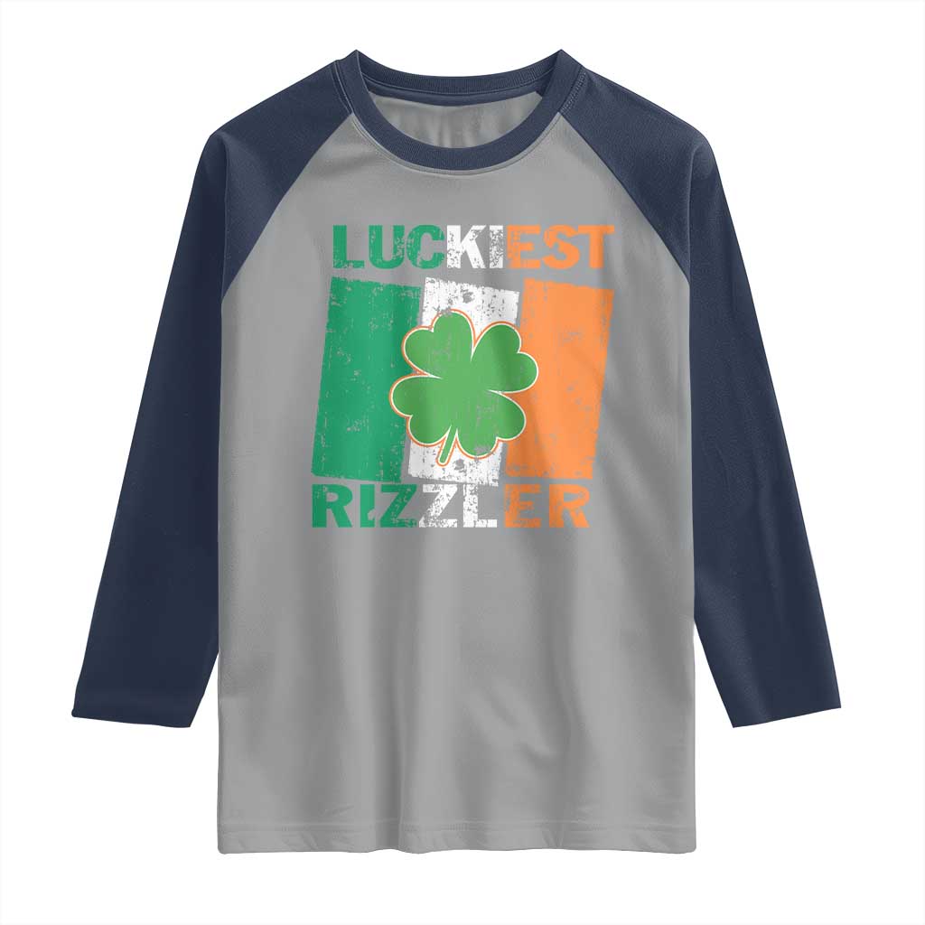 Funny St Patrick's Day Luckiest Rizzler Raglan Shirt Vintage Ireland Flag Shamrock