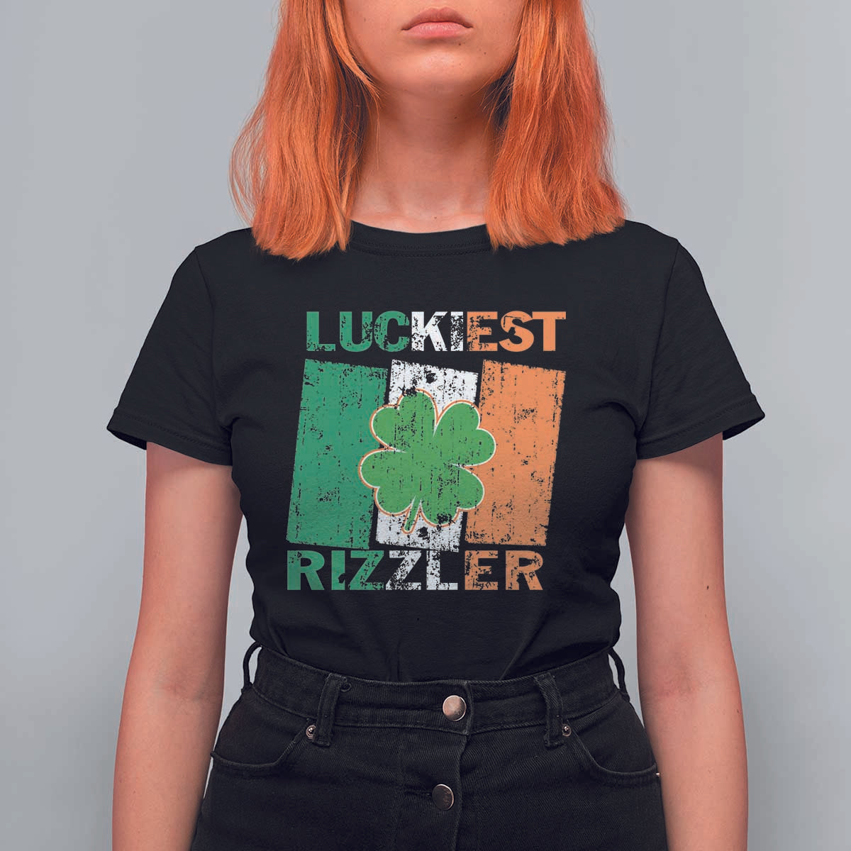 Funny St Patrick's Day Luckiest Rizzler T Shirt For Women Vintage Ireland Flag Shamrock