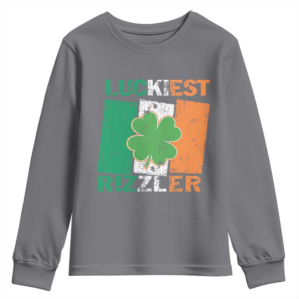 Funny St Patrick's Day Luckiest Rizzler Youth Sweatshirt Vintage Ireland Flag Shamrock