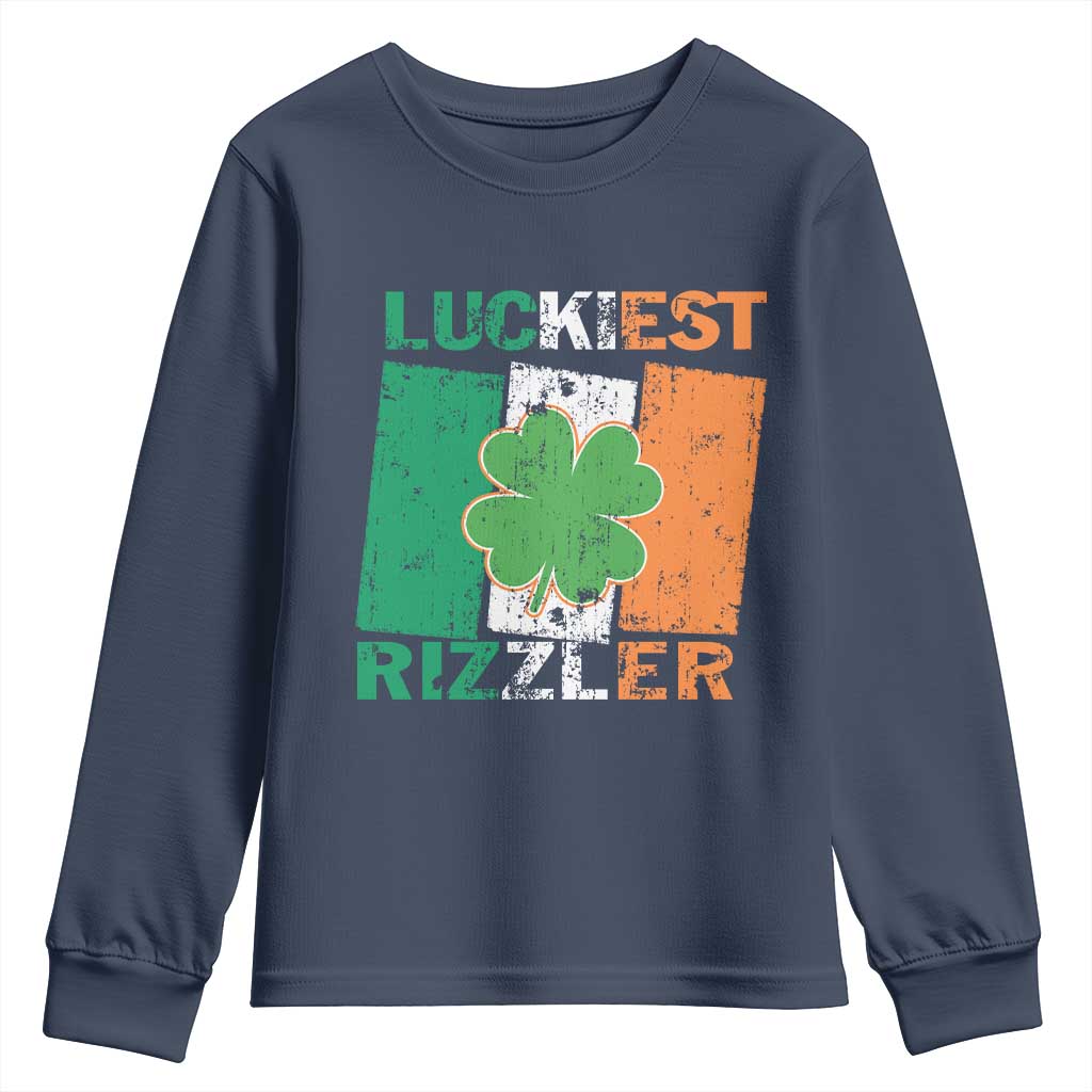 Funny St Patrick's Day Luckiest Rizzler Youth Sweatshirt Vintage Ireland Flag Shamrock