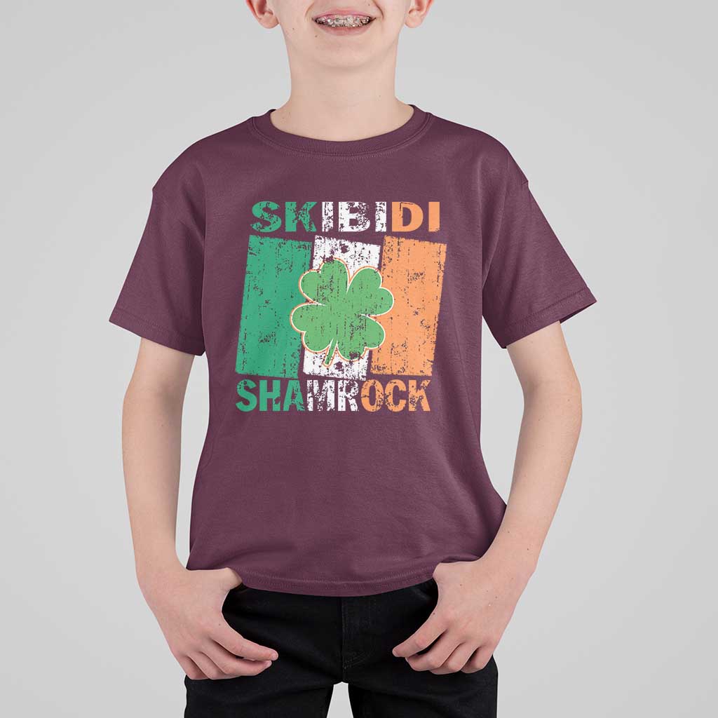 Funny St Patrick's Day Skibidi Shamrock T Shirt For Kid Vintage Ireland Flag Shamrock