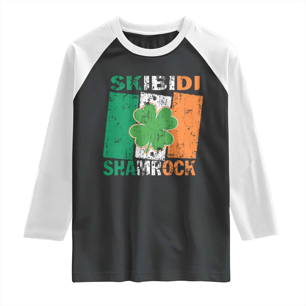 Funny St Patrick's Day Skibidi Shamrock Raglan Shirt Vintage Ireland Flag Shamrock