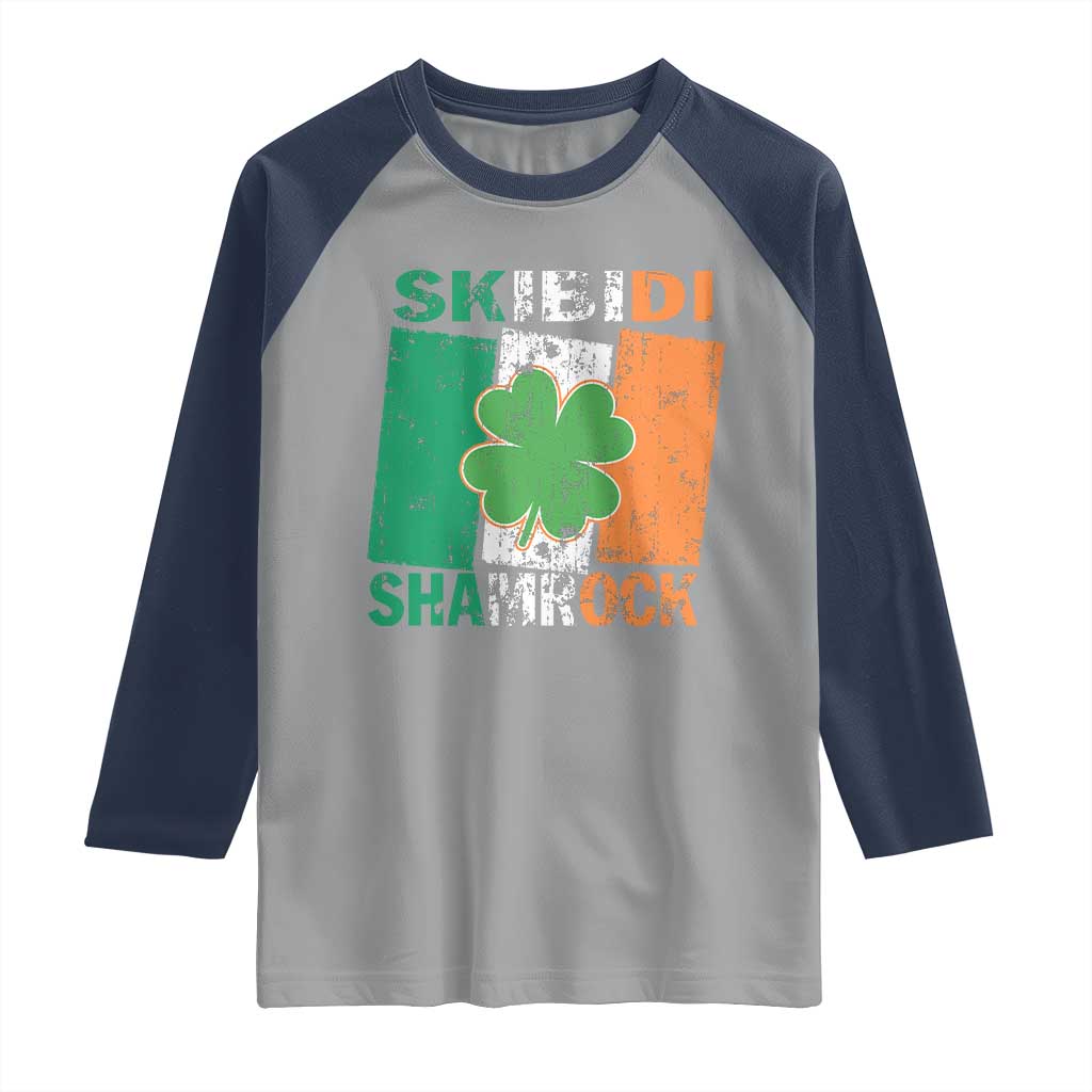 Funny St Patrick's Day Skibidi Shamrock Raglan Shirt Vintage Ireland Flag Shamrock