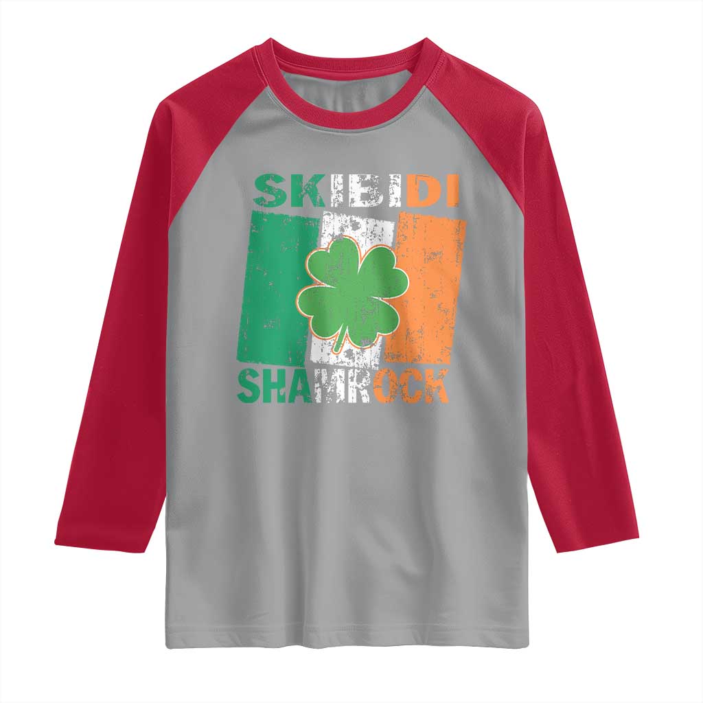 Funny St Patrick's Day Skibidi Shamrock Raglan Shirt Vintage Ireland Flag Shamrock