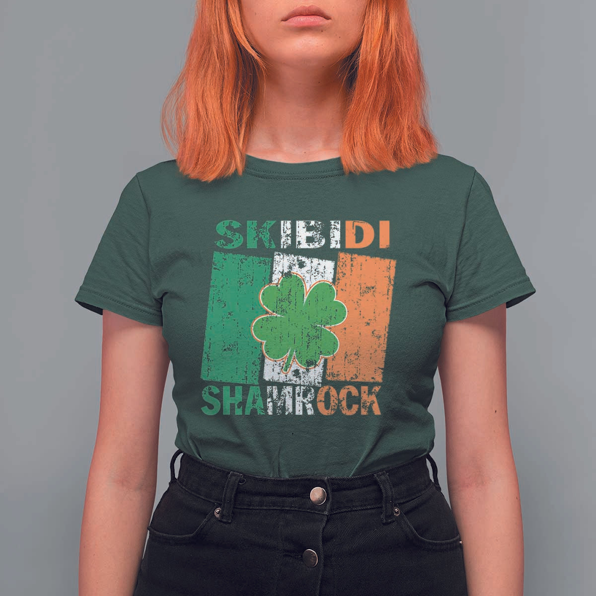 Funny St Patrick's Day Skibidi Shamrock T Shirt For Women Vintage Ireland Flag Shamrock