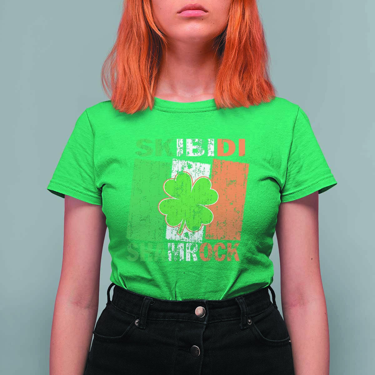 Funny St Patrick's Day Skibidi Shamrock T Shirt For Women Vintage Ireland Flag Shamrock