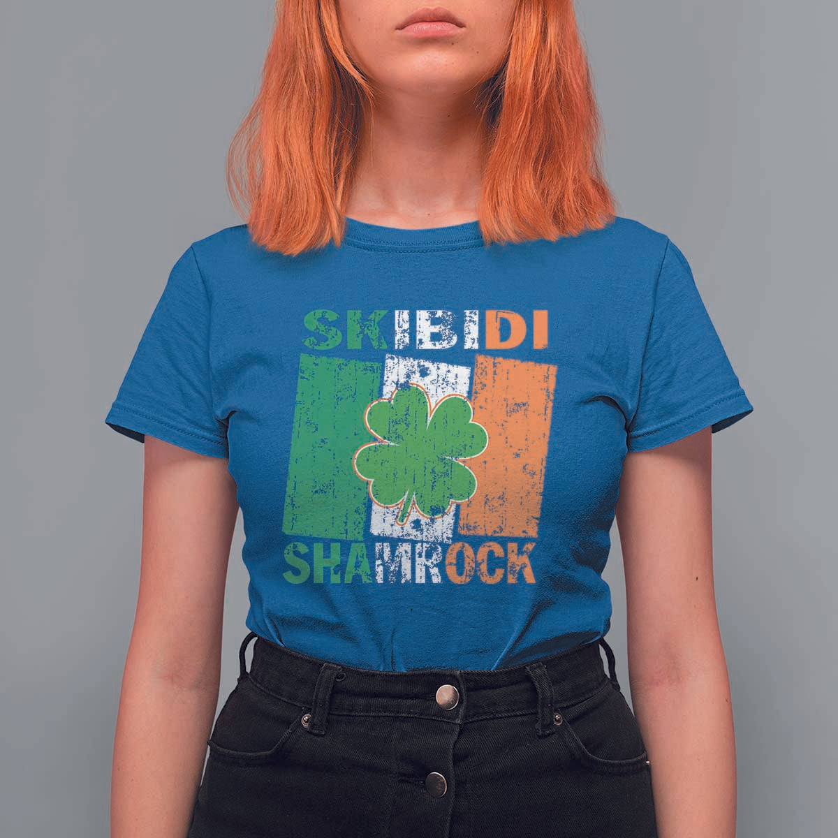 Funny St Patrick's Day Skibidi Shamrock T Shirt For Women Vintage Ireland Flag Shamrock