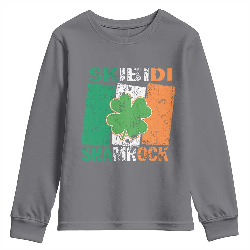 Funny St Patrick's Day Skibidi Shamrock Youth Sweatshirt Vintage Ireland Flag Shamrock