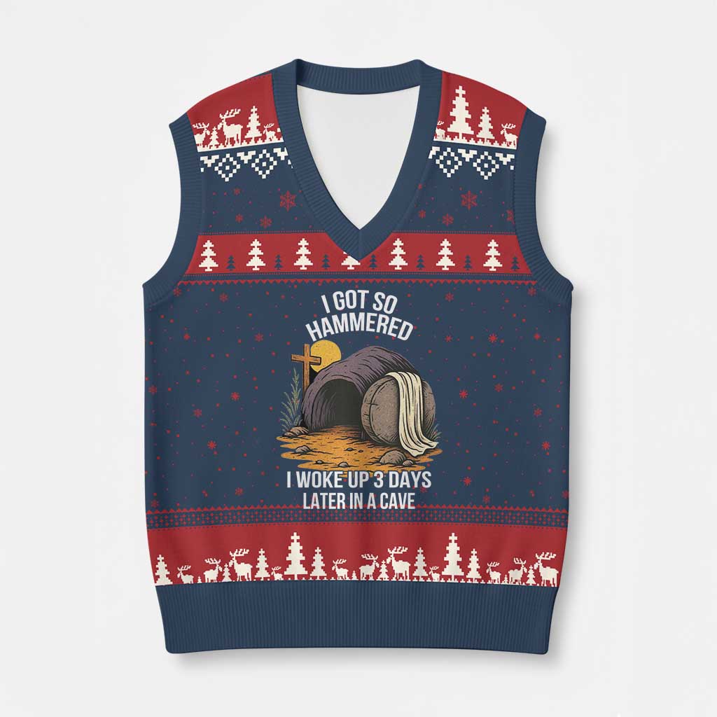 Christian Easter Day Religious Stone V-Neck Knit Sweater Vest I Got So Hammered I Woke Up 3 Days Later In A Cave - Wonder Print Shop