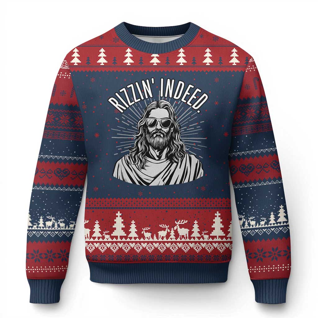 Funny Religious Christian Jesus Meme Ugly Christmas Sweater Rizzin Indeed - Wonder Print Shop