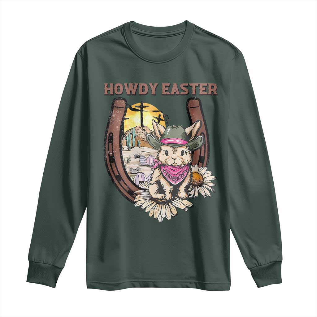 Funny Western Easter Day Long Sleeve Shirt Howdy Easter Country Cowboy Bunny Horseshoe