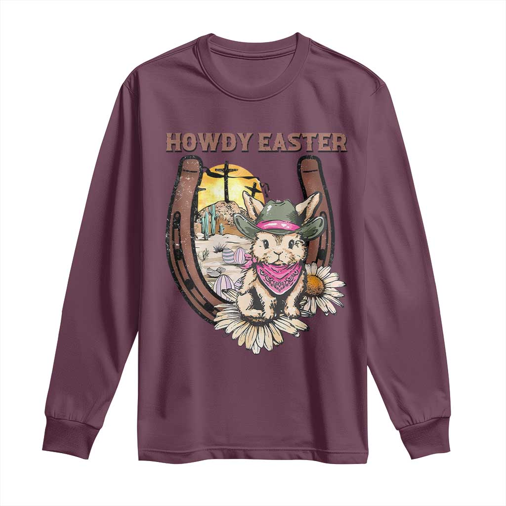 Funny Western Easter Day Long Sleeve Shirt Howdy Easter Country Cowboy Bunny Horseshoe