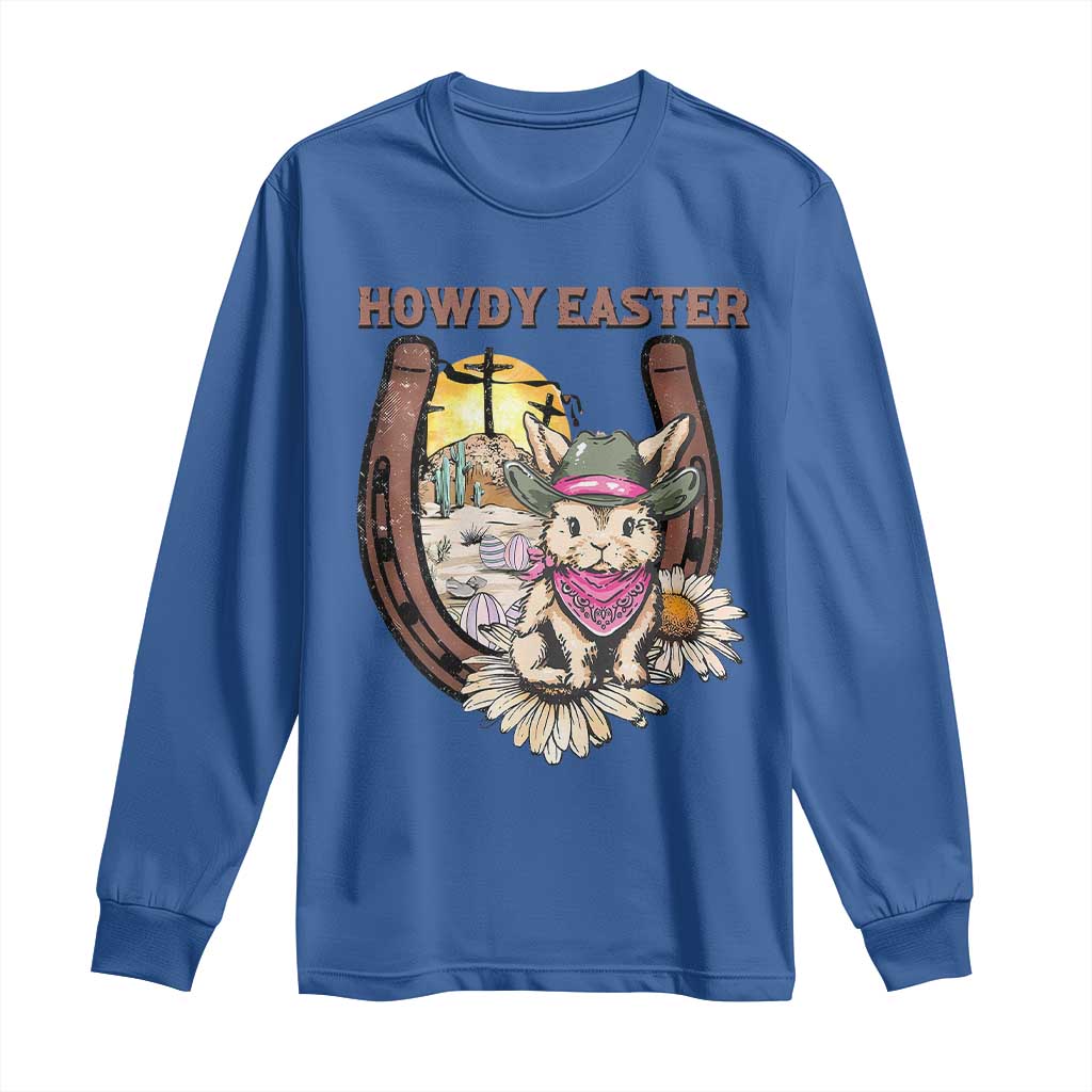 Funny Western Easter Day Long Sleeve Shirt Howdy Easter Country Cowboy Bunny Horseshoe