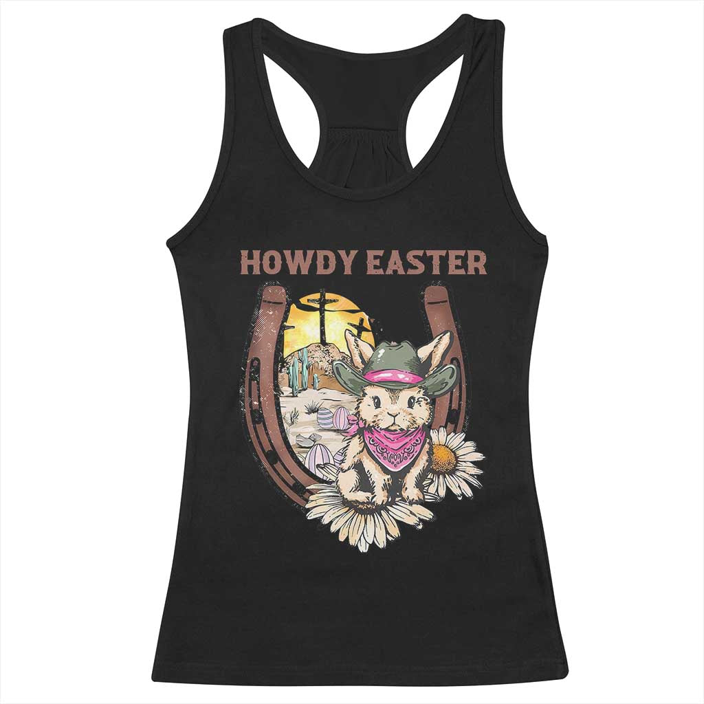 Funny Western Easter Day Racerback Tank Top Howdy Easter Country Cowboy Bunny Horseshoe