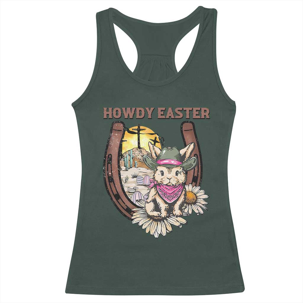 Funny Western Easter Day Racerback Tank Top Howdy Easter Country Cowboy Bunny Horseshoe