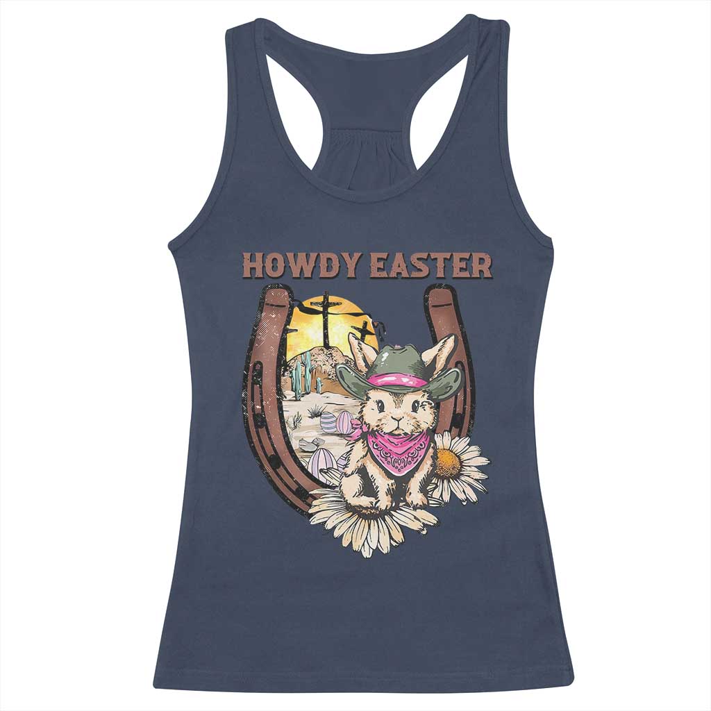 Funny Western Easter Day Racerback Tank Top Howdy Easter Country Cowboy Bunny Horseshoe