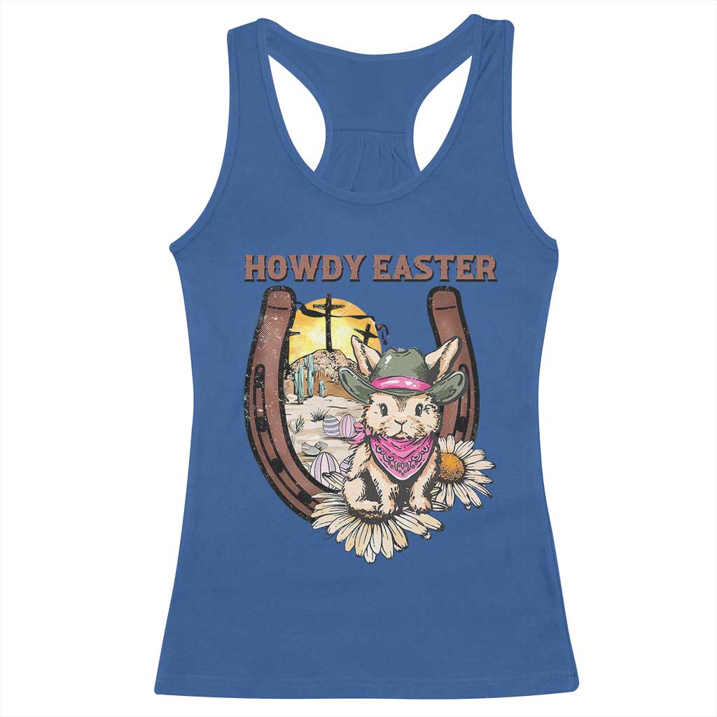 Funny Western Easter Day Racerback Tank Top Howdy Easter Country Cowboy Bunny Horseshoe