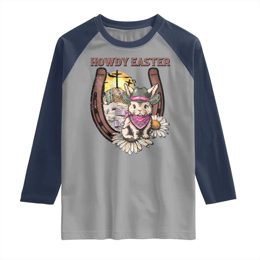 Funny Western Easter Day Raglan Shirt Howdy Easter Country Cowboy Bunny Horseshoe