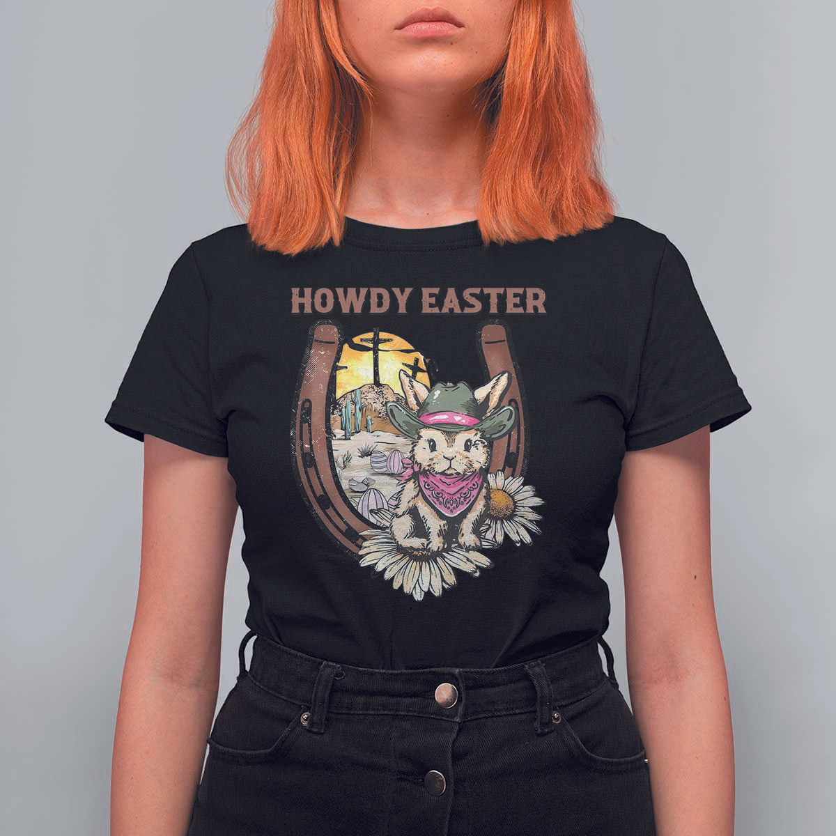 Funny Western Easter Day T Shirt For Women Howdy Easter Country Cowboy Bunny Horseshoe