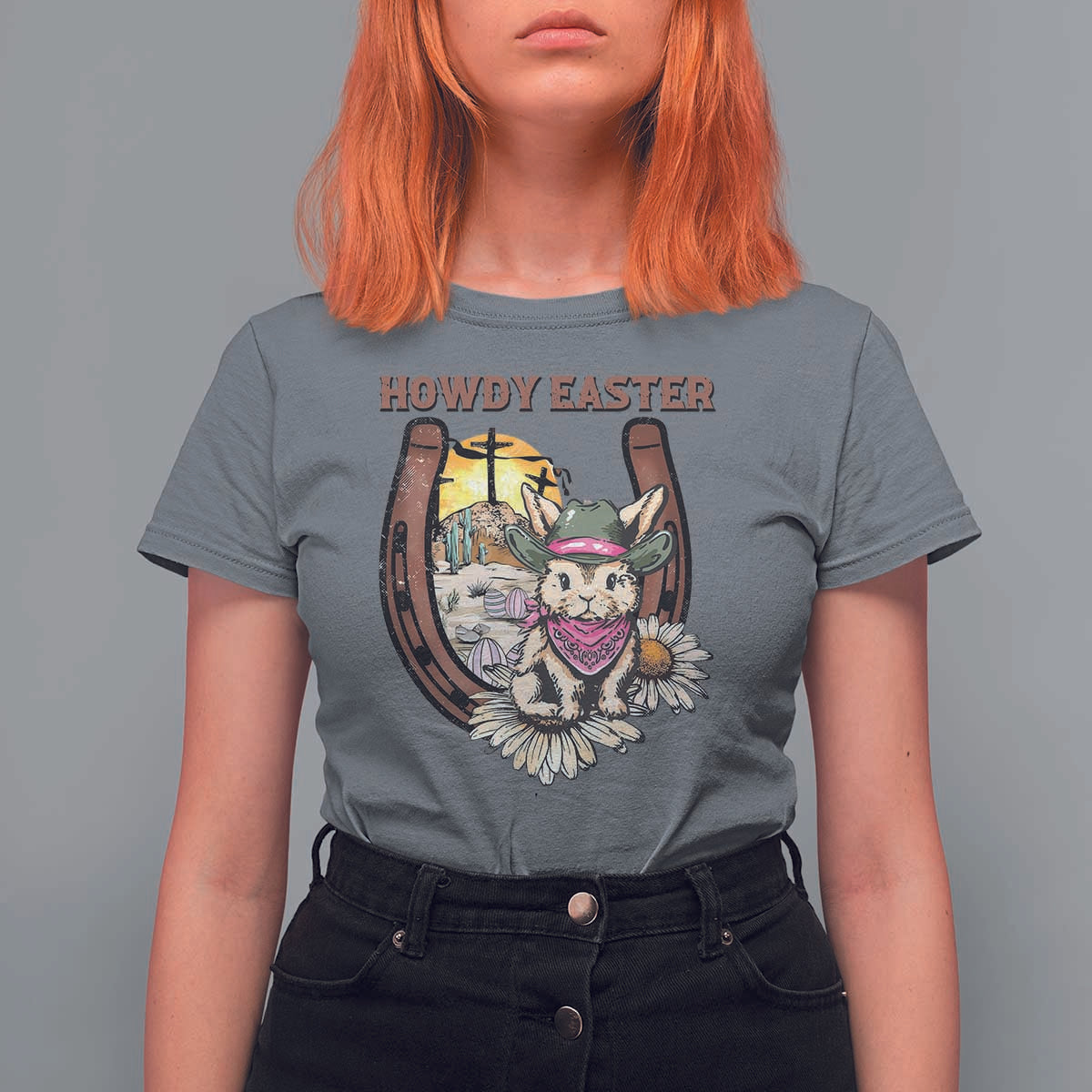 Funny Western Easter Day T Shirt For Women Howdy Easter Country Cowboy Bunny Horseshoe