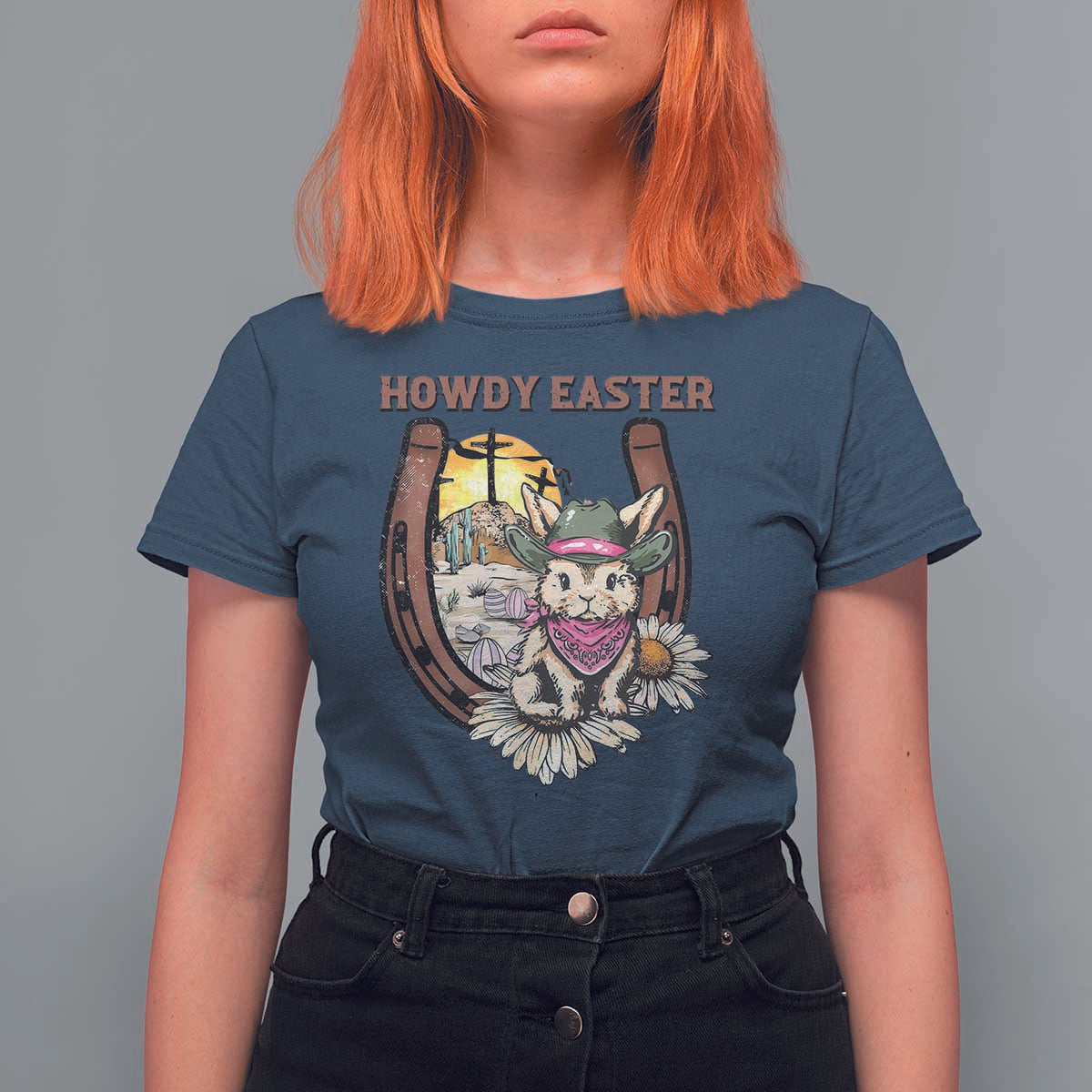 Funny Western Easter Day T Shirt For Women Howdy Easter Country Cowboy Bunny Horseshoe