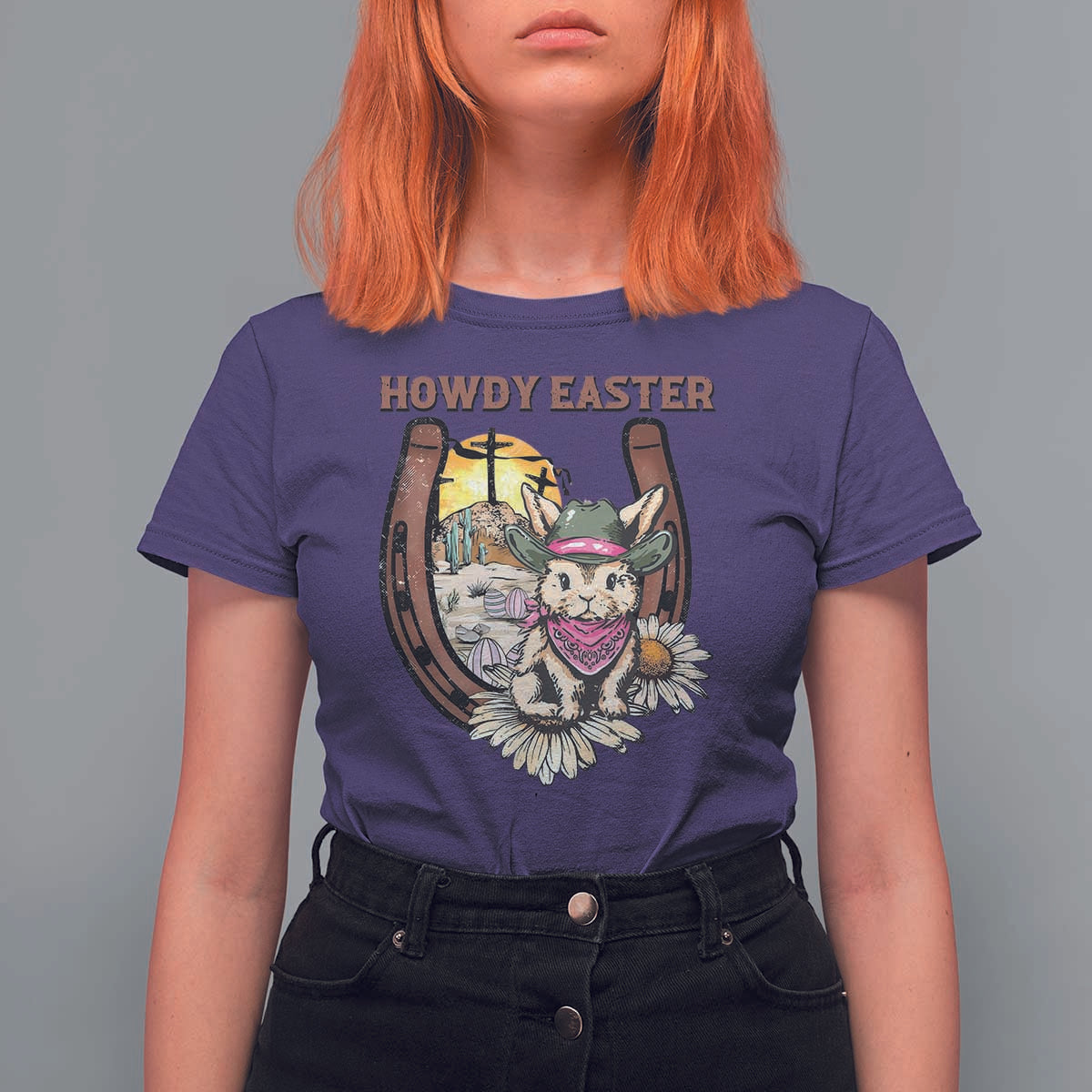 Funny Western Easter Day T Shirt For Women Howdy Easter Country Cowboy Bunny Horseshoe