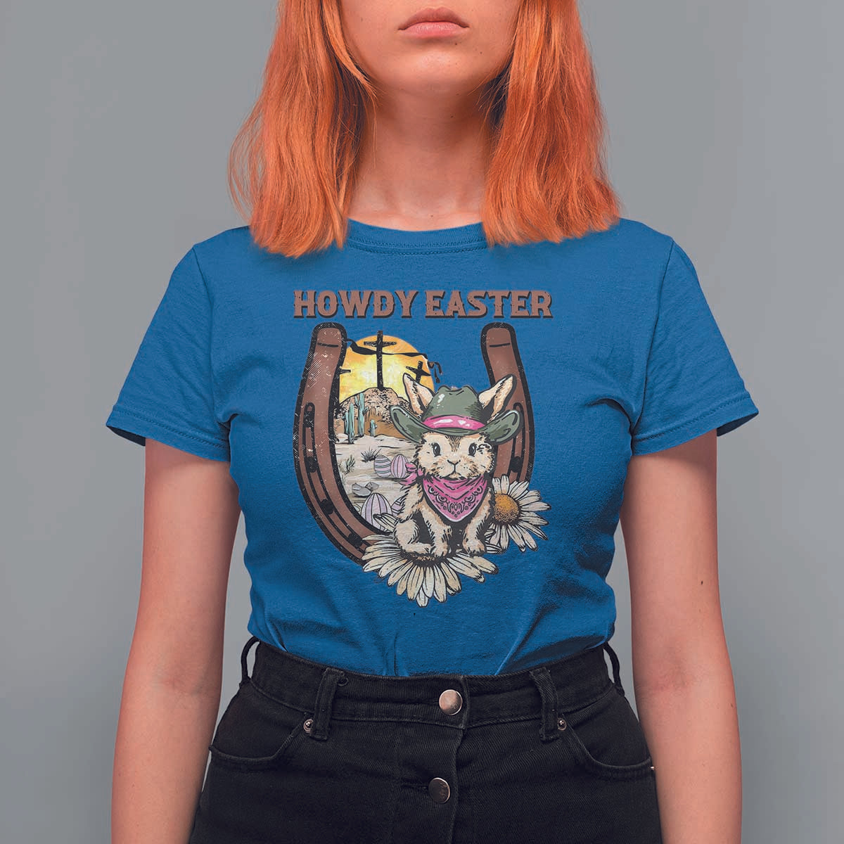 Funny Western Easter Day T Shirt For Women Howdy Easter Country Cowboy Bunny Horseshoe