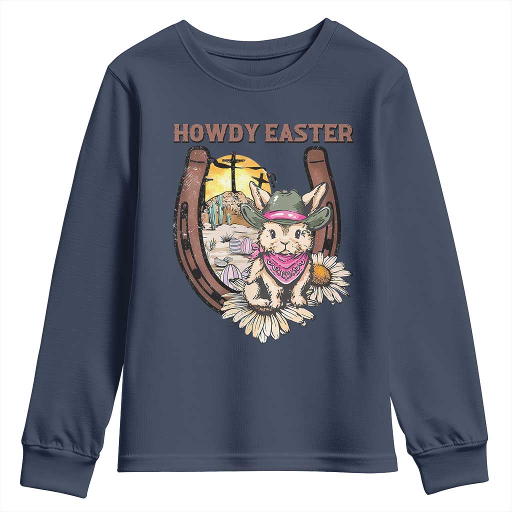 Funny Western Easter Day Youth Sweatshirt Howdy Easter Country Cowboy Bunny Horseshoe