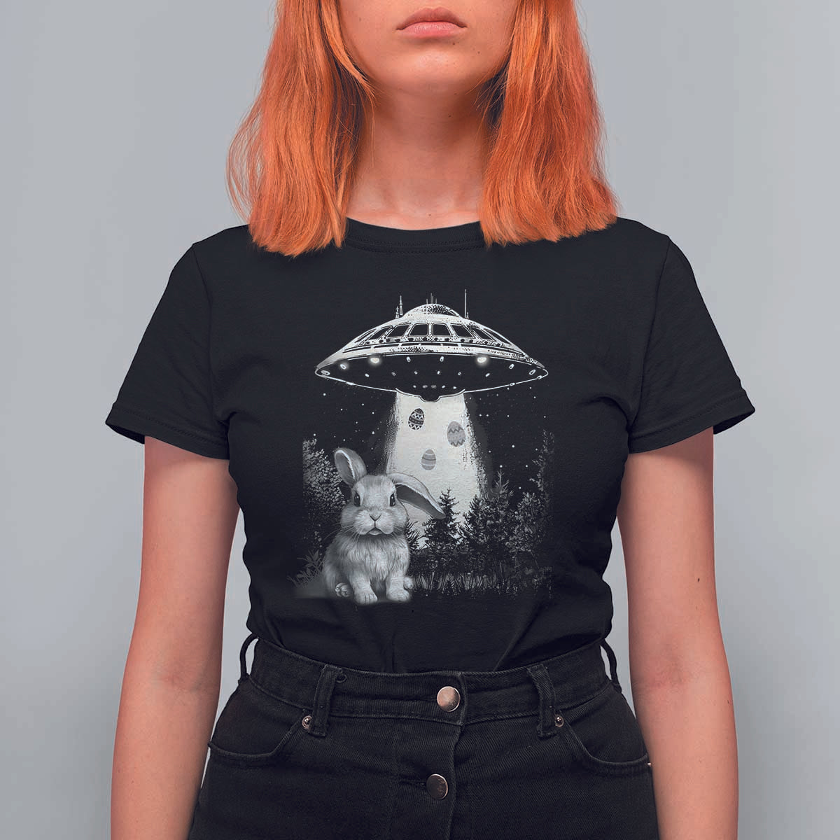 Funny Easter Day UFO Bunny Alien Eggs T Shirt For Women