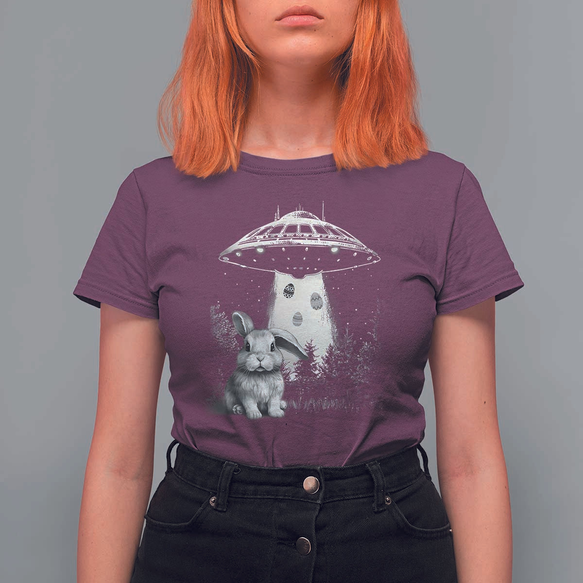 Funny Easter Day UFO Bunny Alien Eggs T Shirt For Women