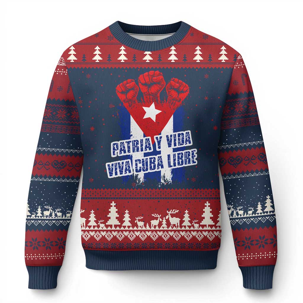 Patria y Vida Cuba Libre Ugly Christmas Sweater Cuba Flag Fist Freedom Movement